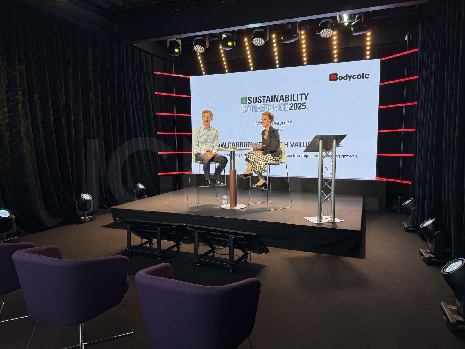 Bodycote Sustainability Conference 2025 interview on the Studio A stage, with audience seating